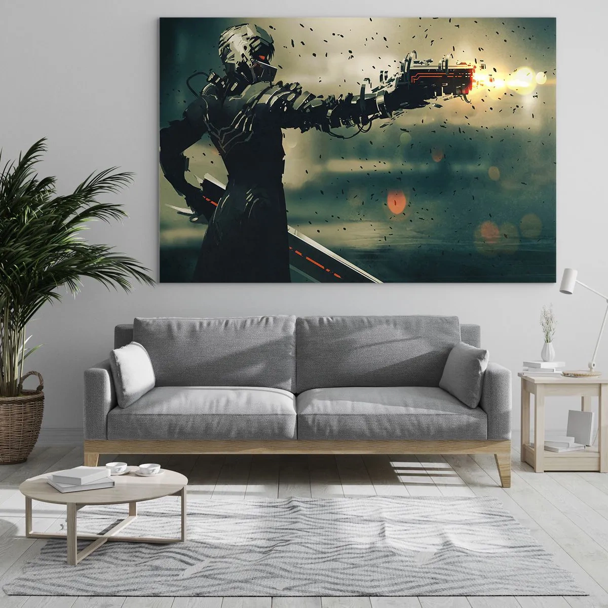 Tablou pe sticlă - Un războinic cibernetic în stil futurist cu arme energetice - 70x50cm - Armă letală - propriul tău Terminator - Decorațiune modernă pentru perete pentru living și dormitor ARTTOR