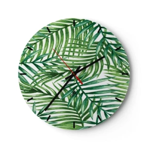 Ceas de perete - Ceas pe sticlă - Frunze verzi de palmier aranjate într-o compoziție densă - 30x30cm - Sub bolta verde - Decorațiune modernă pentru perete pentru living, bucătărie și dormitor ARTTOR