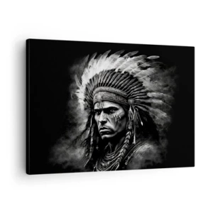 Tablou pe pânză Canvas - Portretul unui șef într-o coafură cu pene pe un fundal negru - 70x50cm - Conducător și luptător - Decorațiune modernă pentru perete pentru living și dormitor ARTTOR