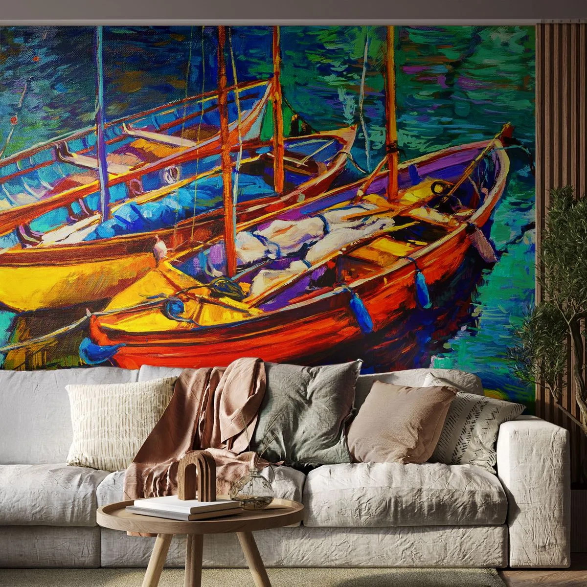 Tapet Premium Sand - Pe o apă plină de culoare - Łódź, Barcă cu pânze, Mare - 100x70 cm