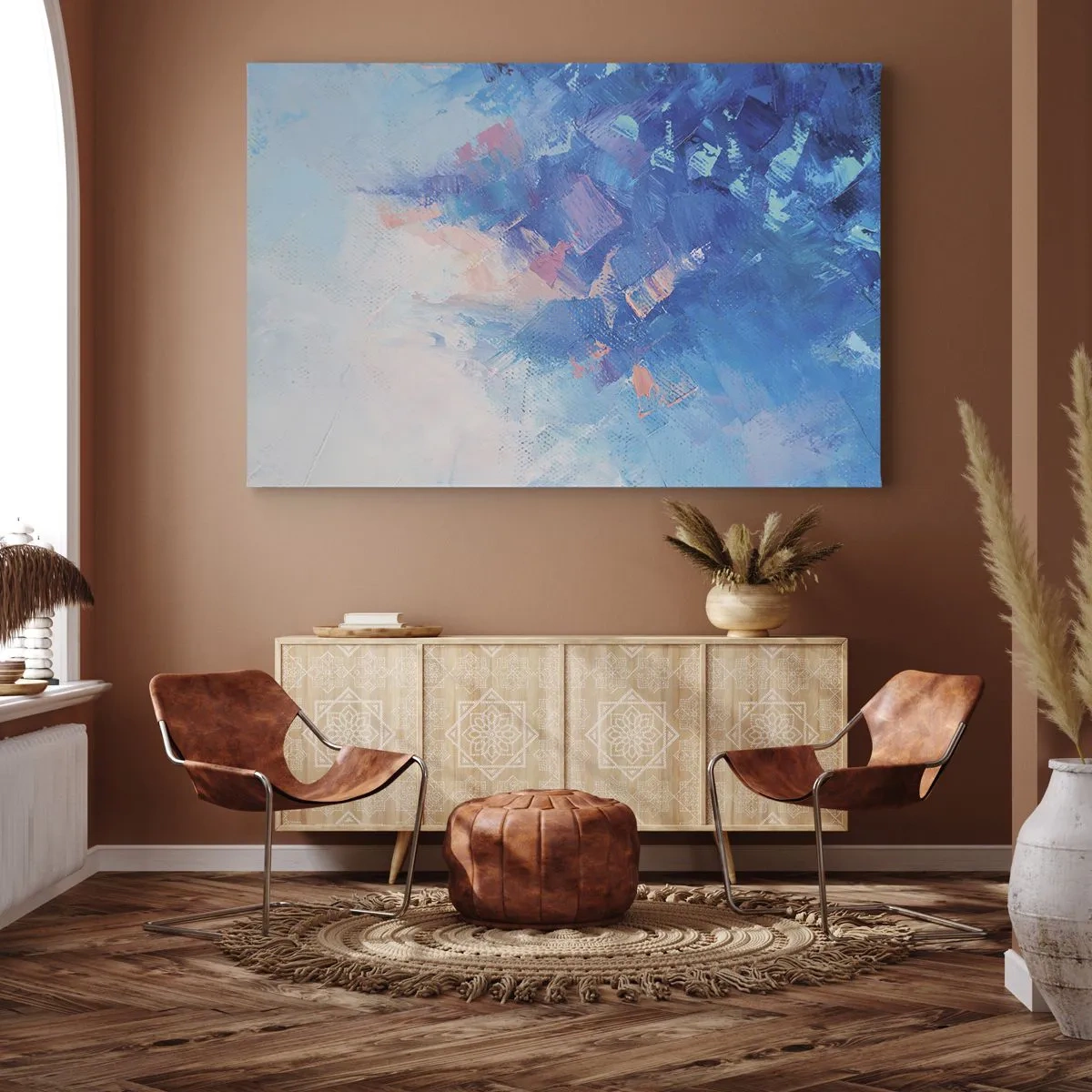 Tablou pe pânză Canvas - Compoziție abstractă în nuanțe de albastru și roz - 70x50cm - Abstracție de iarnă - Decorațiune modernă pentru perete pentru living și dormitor ARTTOR