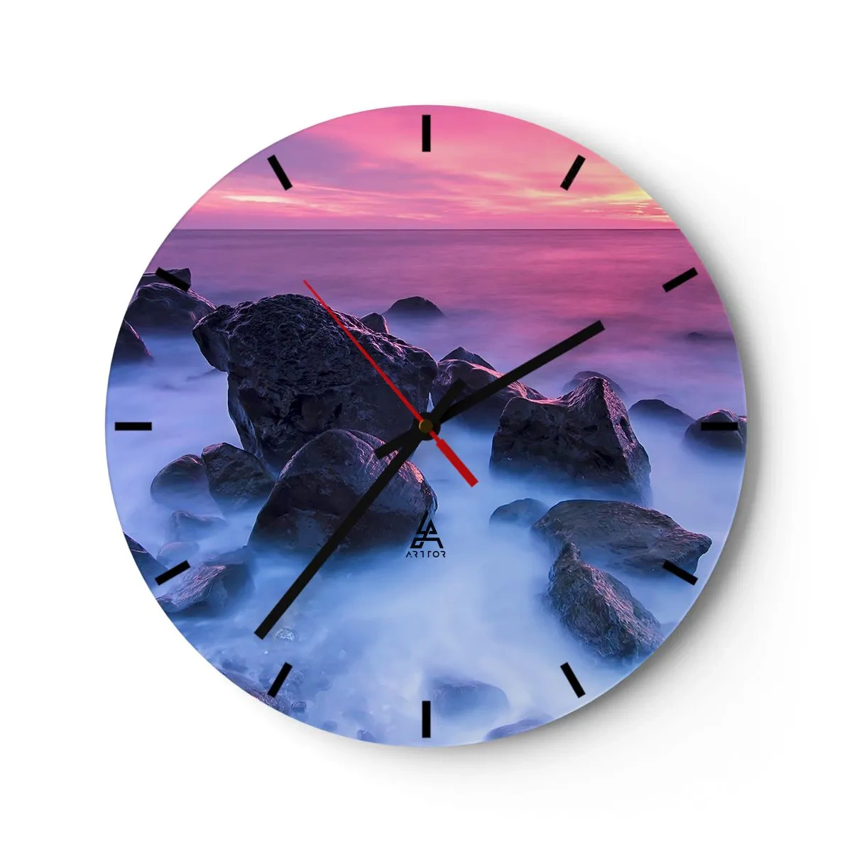 Ceas de perete - Ceas pe sticlă - Pietre lângă mare la apus în tonuri roz - 30x30cm - Naștere în sclipici și ceață - Decorațiune modernă pentru perete pentru living, bucătărie și dormitor ARTTOR