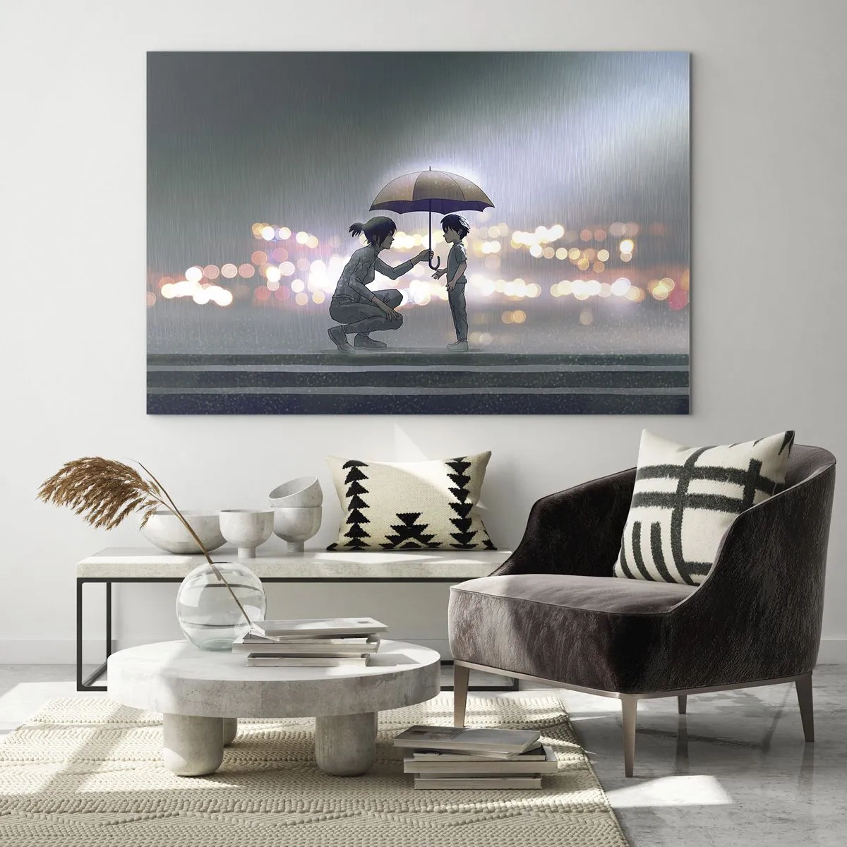 Tablou pe sticlă - Figuri în ploaie cu umbrele pe fundalul luminilor de noapte - 70x50cm - Și totul este bine acum - Decorațiune modernă pentru perete pentru living și dormitor ARTTOR