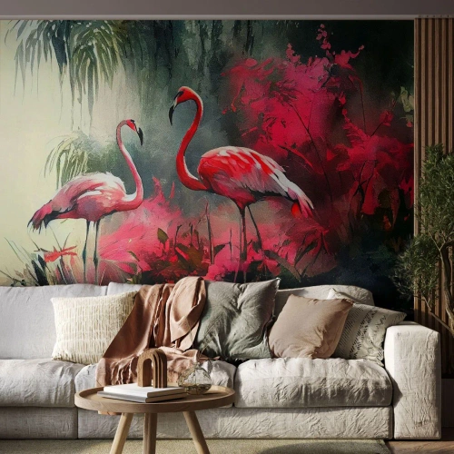 Tapet Premium Canvas - O lecție de farmec natural - Flamingos, Bucată, Peisaj - 450x315 cm