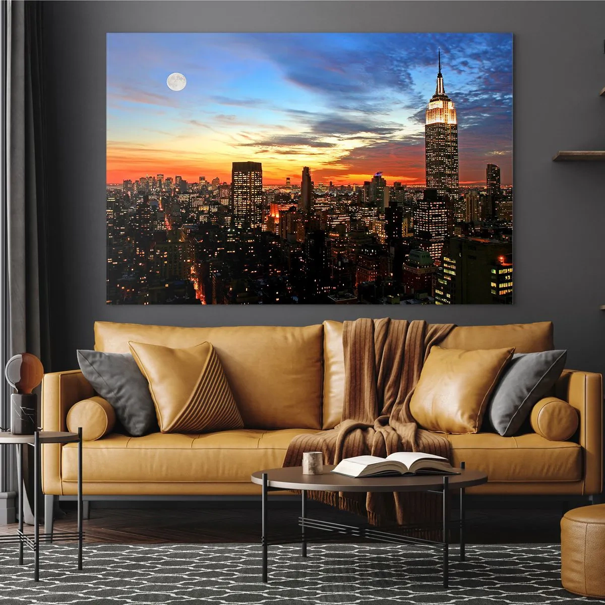 Tablou pe sticlă - Panoramă nocturnă a orașului cu clădiri iluminate - 70x50cm - O noapte americană luminoasă - Decorațiune modernă pentru perete pentru living și dormitor ARTTOR