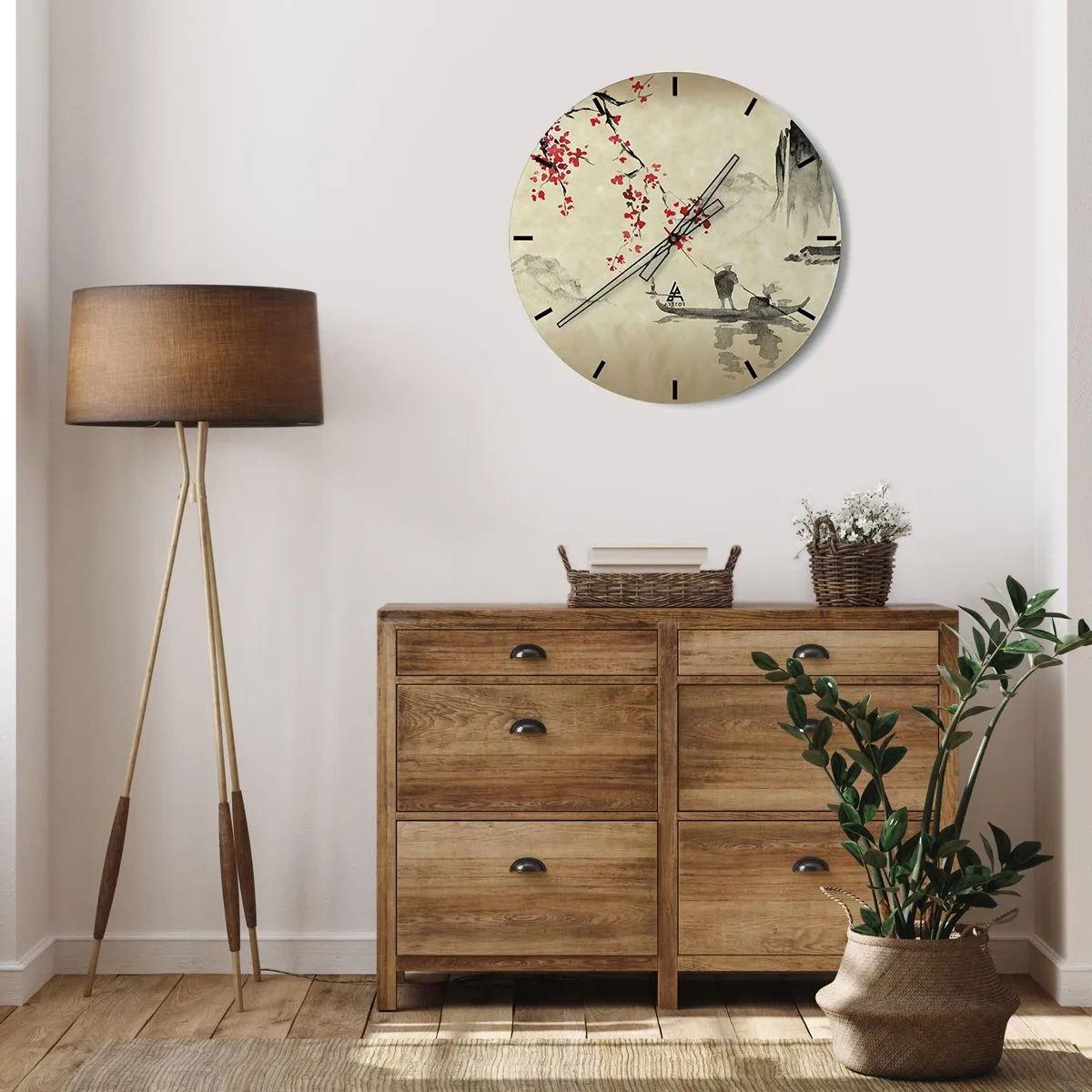 Ceas de perete - Ceas pe sticlă - Prim-plan al unei flori roz închis cu petale stratificate - 30x30cm - În țara florilor de cireș - Decorațiune modernă pentru perete pentru living, bucătărie și dormitor ARTTOR