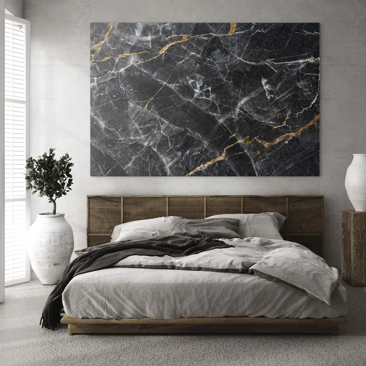 Tablou pe sticlă - Model de marmură neagră și aurie cu vene albe - 70x50cm - Viața interioară a unei pietre - Decorațiune modernă pentru perete pentru living și dormitor ARTTOR
