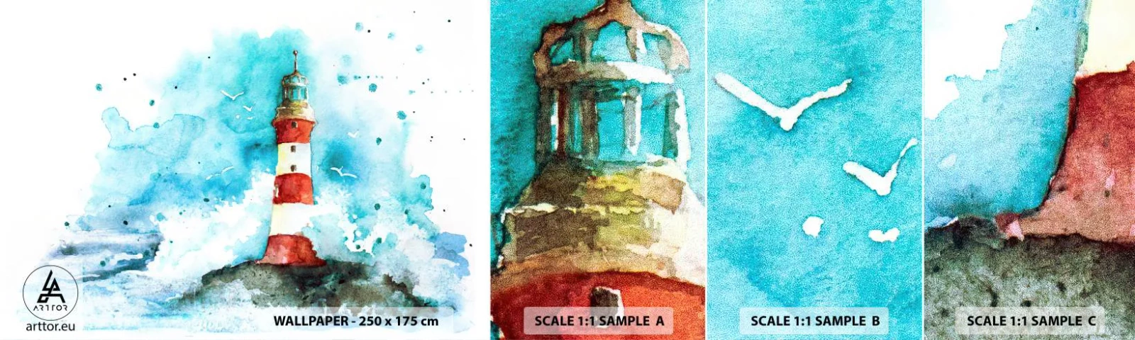 Mostră tapet autocolant Deluxe Sticker - Unitatea forțelor naturii - Far, Peisaj, Grafică - 100x30 cm