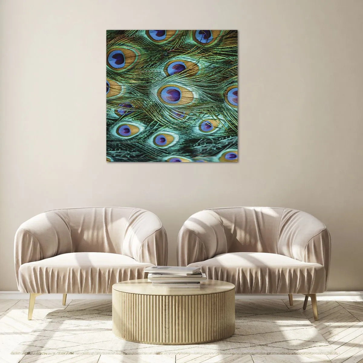 Tablou pe sticlă - O privire cu ochi de păun - 60x60 cm