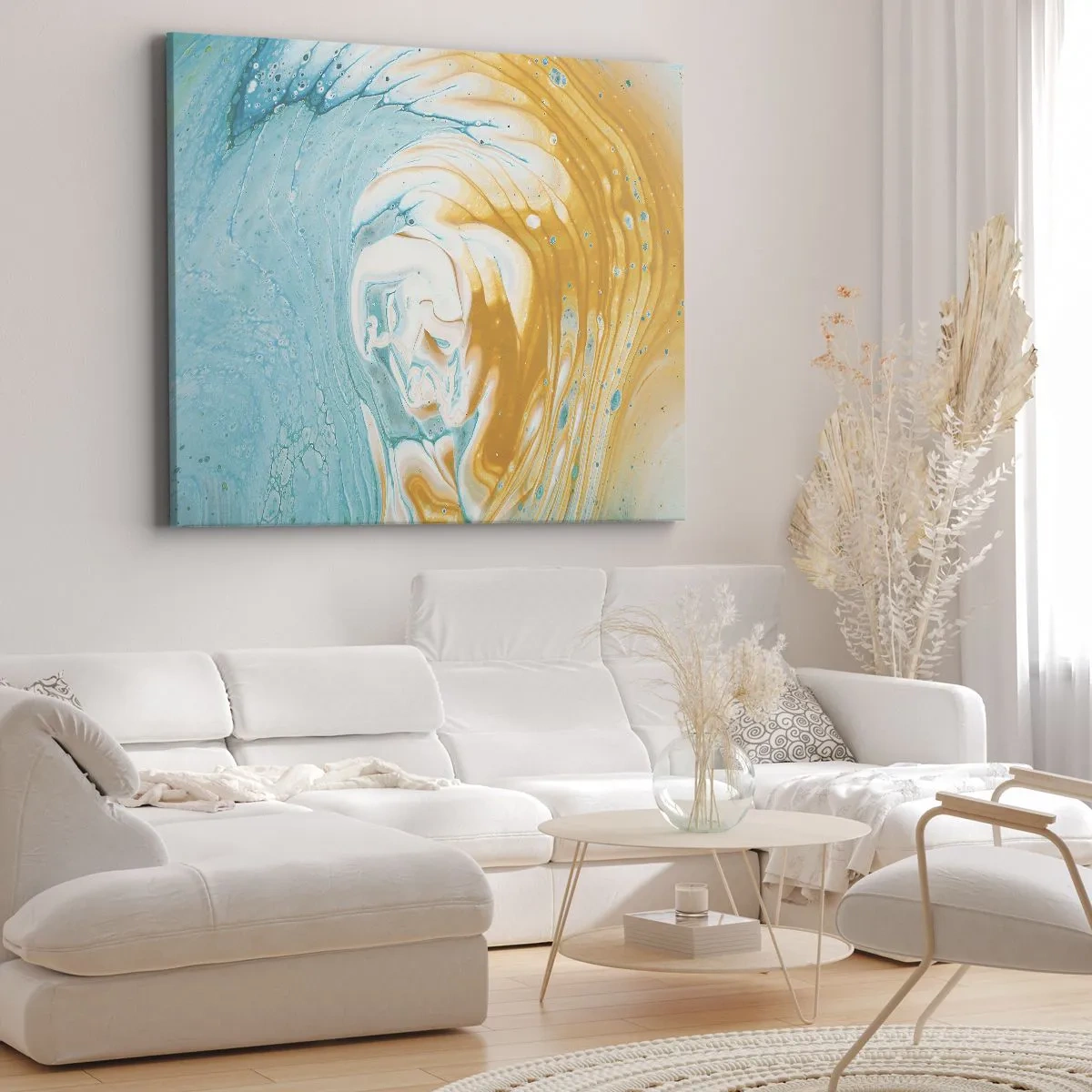 Tablou pe pânză Canvas - Valuri abstracte în nuanțe de albastru și auriu pe pânză - 70x50cm - Vârtej de pastel - Decorațiune modernă pentru perete pentru living și dormitor ARTTOR