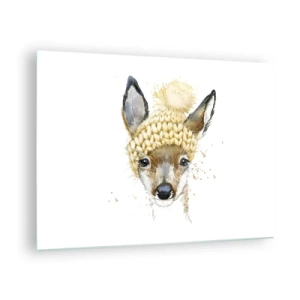 Tablou pe sticlă - Un căprior într-o căciulă de lână cu pompom - 70x50cm - Pentru iarnă într-o pădure înzăpezită - Decorațiune modernă pentru perete pentru living și dormitor ARTTOR