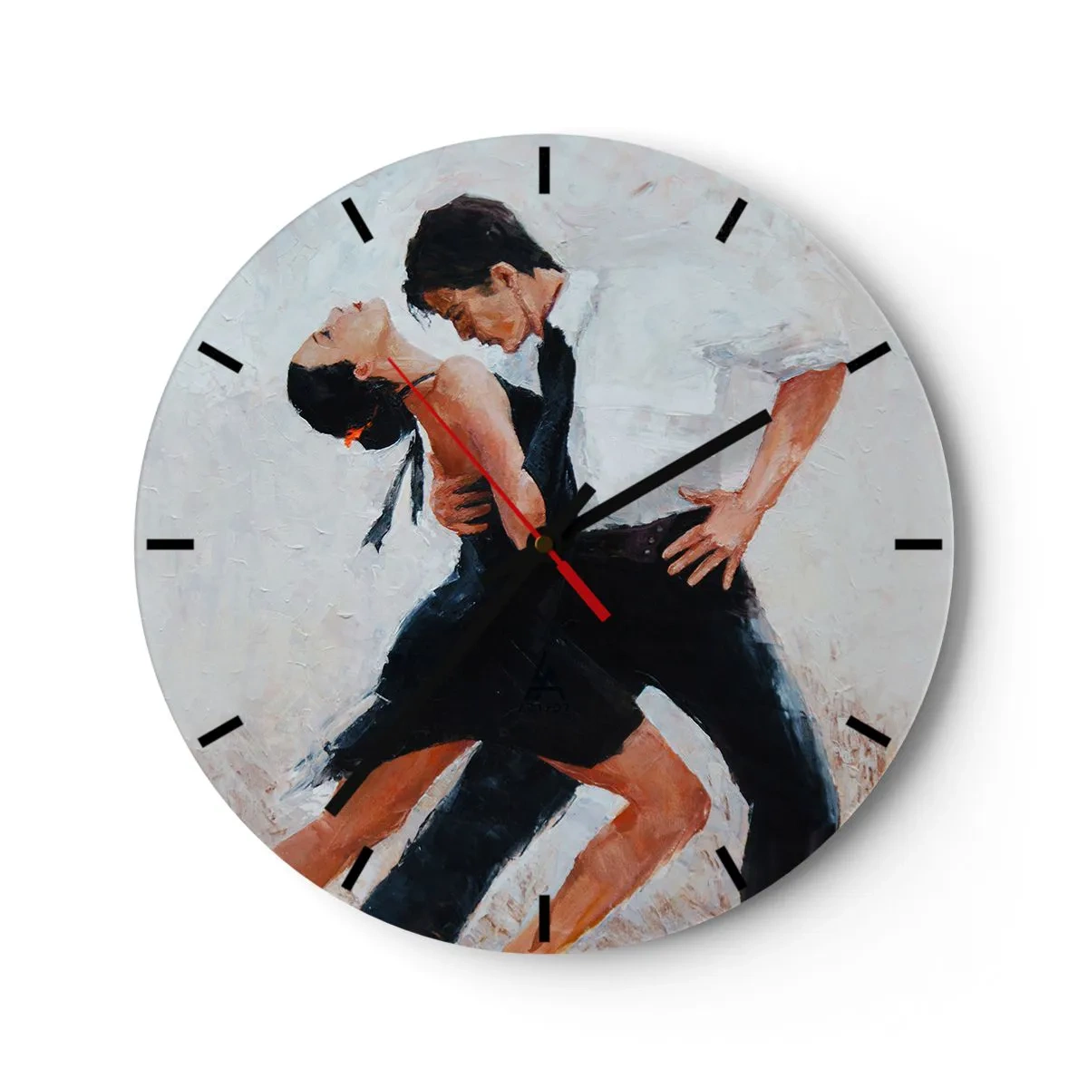 Ceas de perete - Ceas pe sticlă - Un cuplu dansând tango într-o poză dinamică și pasională - 30x30cm - Tangoul visurilor mele - Decorațiune modernă pentru perete pentru living, bucătărie și dormitor ARTTOR