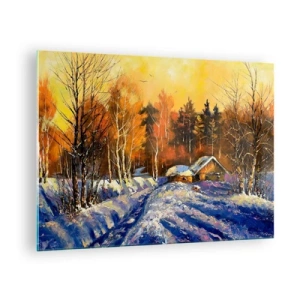 Tablou pe sticlă - Peisaj de iarnă cu o căsuță din lemn la apus - 70x50cm - Impresie de iarnă în soare - Decorațiune modernă pentru perete pentru living și dormitor ARTTOR