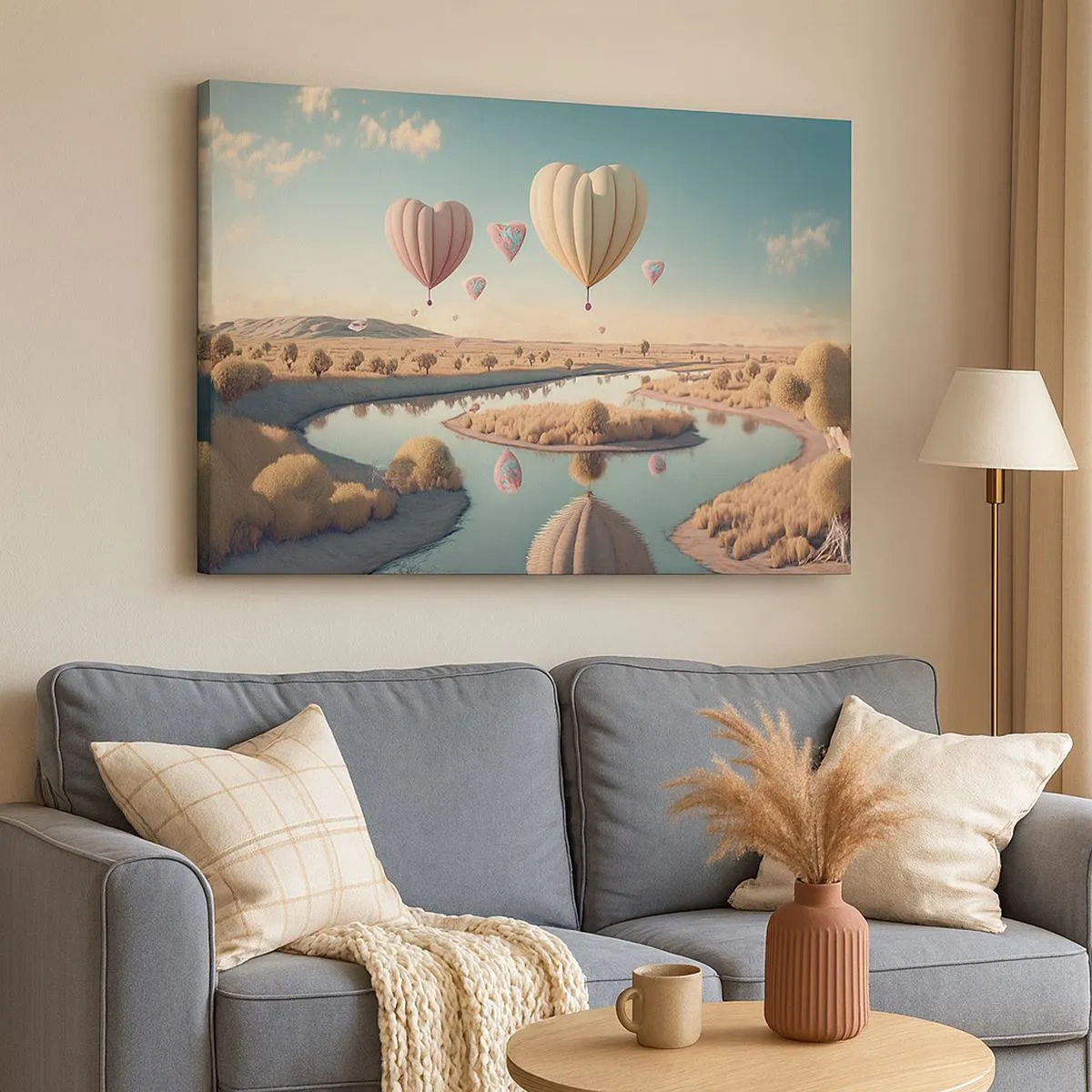 Tablou pe pânză Canvas - Baloane în formă de inimă plutind deasupra peisajului - 70x50cm - Iubirea ne înalță - Decorațiune modernă pentru perete pentru living și dormitor ARTTOR