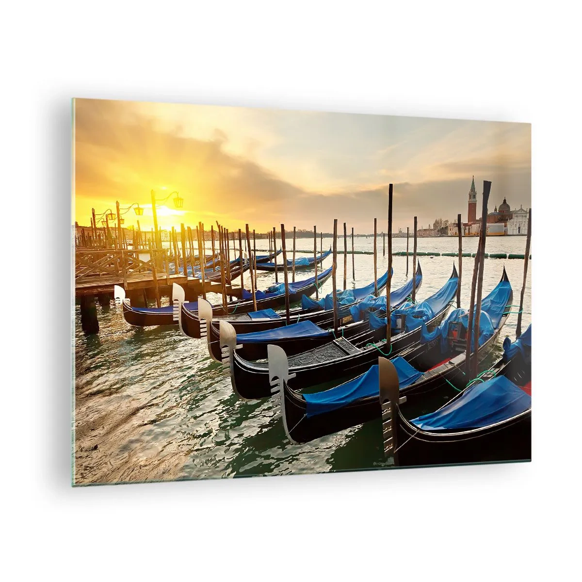 Tablou pe sticlă - Gondole în Veneția la apus - 70x50cm - Înainte de a începe agitația - Decorațiune modernă pentru perete pentru living și dormitor ARTTOR