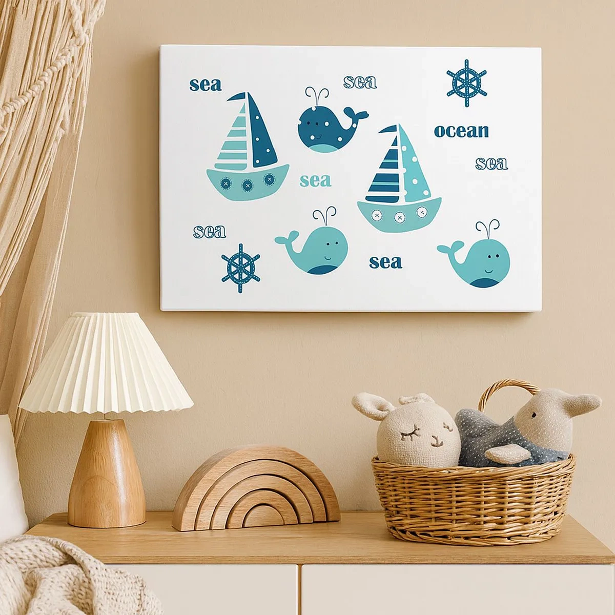 Tablou pe pânză Canvas - Motive nautice fermecătoare cu balene și bărci cu pânze - 70x50cm - Peste mări și oceane - Decorațiune modernă pentru perete pentru living și dormitor ARTTOR