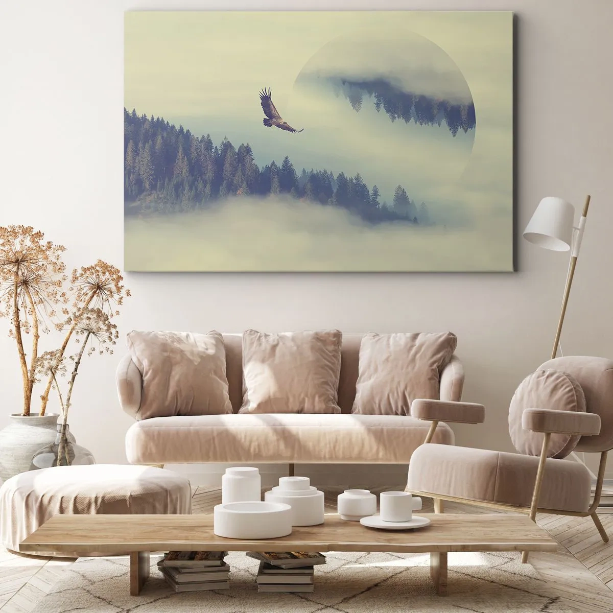 Tablou pe pânză Canvas - Un vultur în zbor pe fundalul unor munți învăluiți în ceață, cu un motiv circular artistic - 70x50cm - Am văzut umbra unui vultur - Decorațiune modernă pentru perete pentru living și dormitor ARTTOR