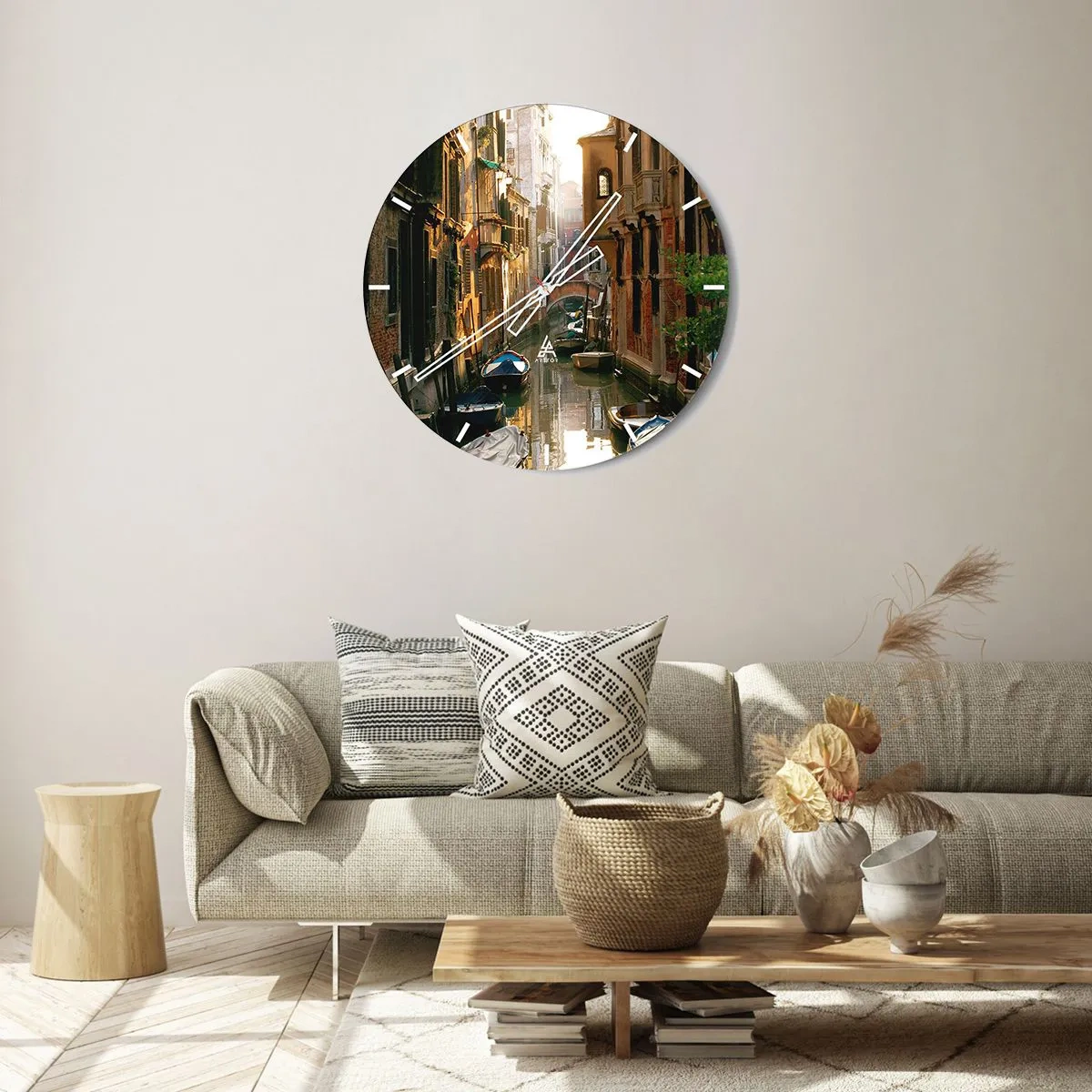 Ceas de perete - Ceas pe sticlă - Canalul Veneției la apus cu gondole - 30x30cm - Pe o străduță venețiană - Decorațiune modernă pentru perete pentru living, bucătărie și dormitor ARTTOR
