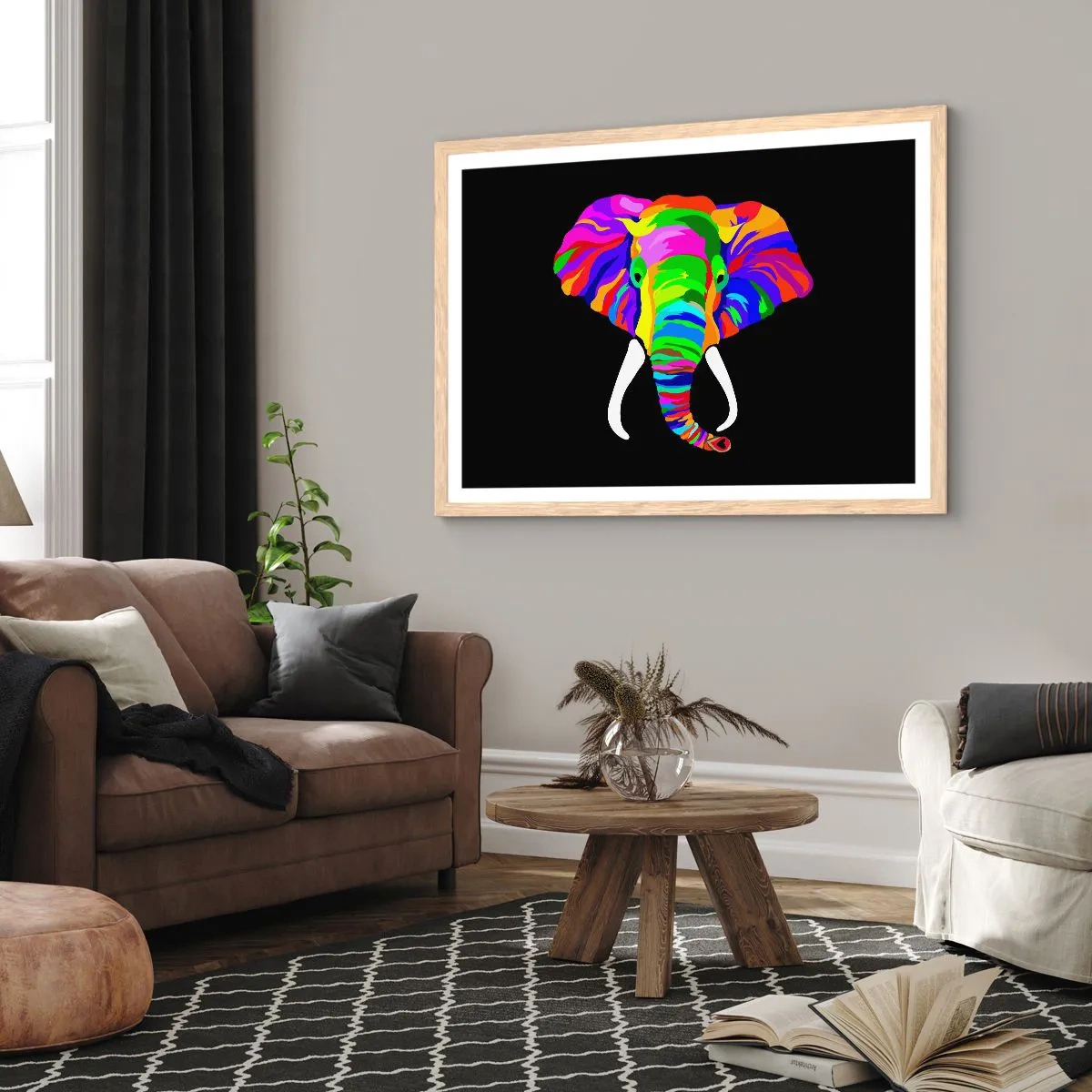 Poster în ramă de stejar deschis - Elefantul căruia îi plăcea să se scalde în curcubeu - 91x61 cm