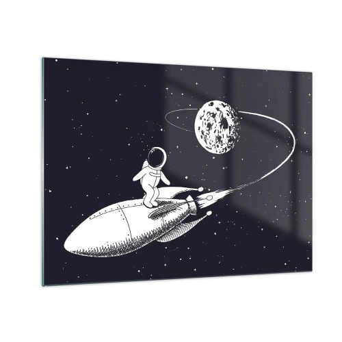 Tablou pe sticlă - Astronautul de desene animate navighează în spațiu pe o rachetă - 70x50cm - Surfer spațial - Decorațiune modernă pentru perete pentru living și dormitor ARTTOR
