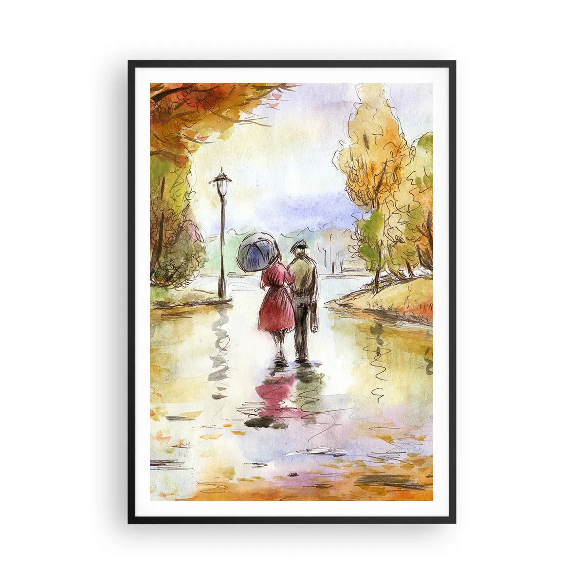 Poster în ramă neagră - Toamnă romantică în parc - 70x100 cm