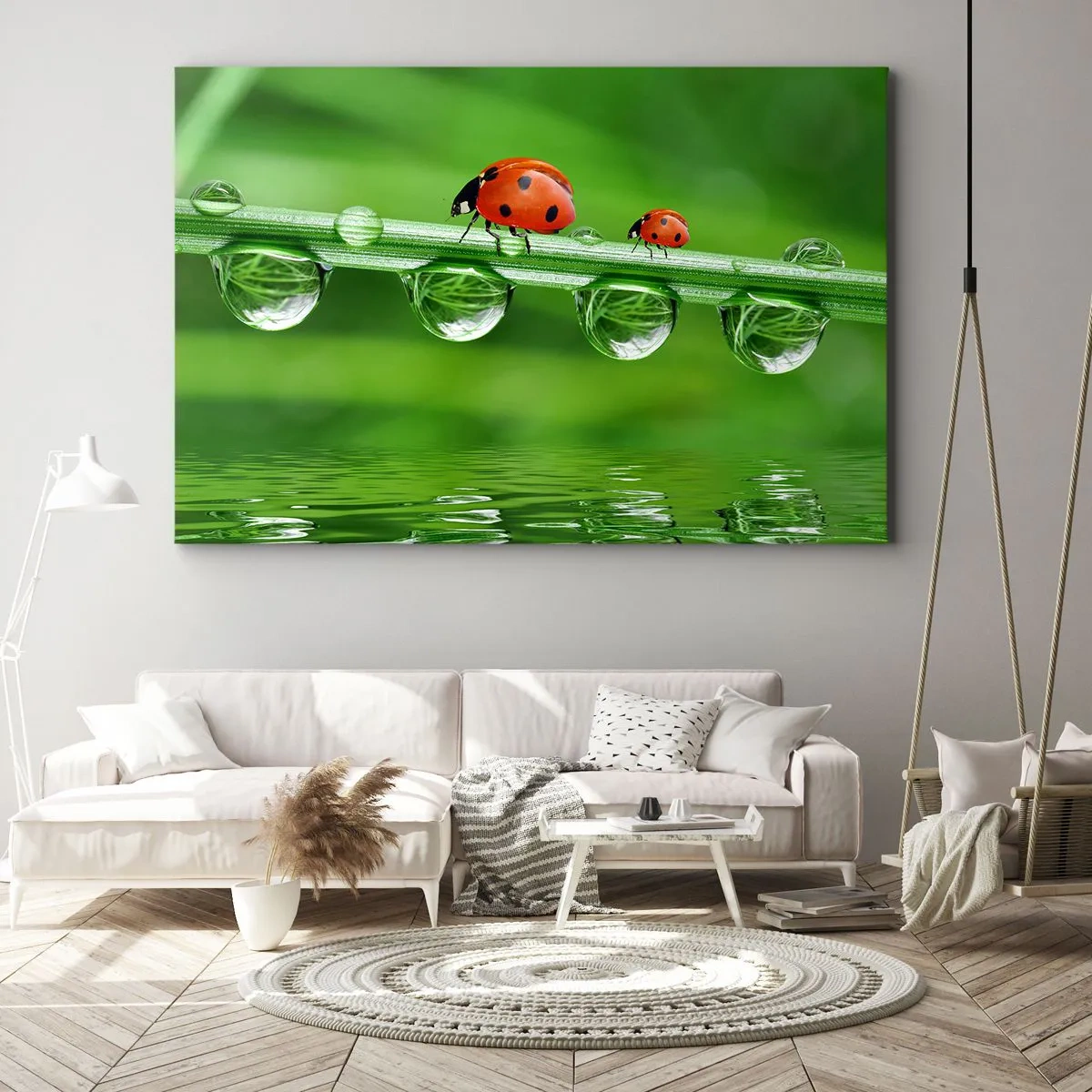 Tablou pe pânză Canvas - Buburuze pe o fir de iarbă cu picături de rouă într-un cadru natural - 70x50cm - Pe drum toată vara - Decorațiune modernă pentru perete pentru living și dormitor ARTTOR