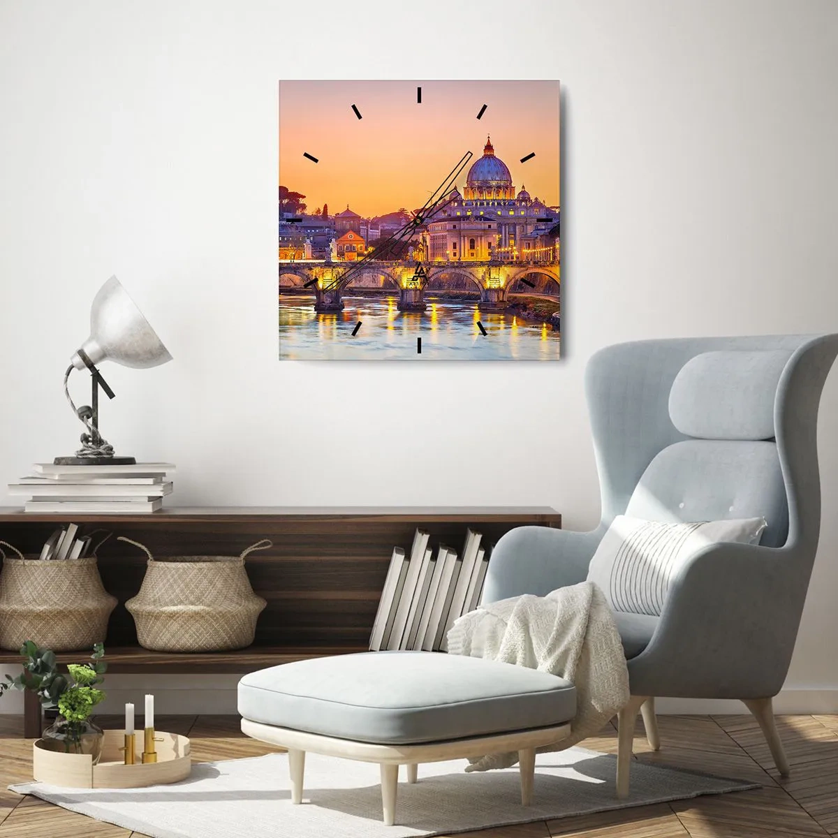 Ceas de perete - Ceas pe sticlă - Amurg deasupra Orașului Etern - 40x40 cm