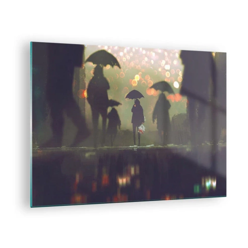 Tablou pe sticlă - Figuri cu umbrele în ploaie pe fundalul luminilor orașului - 70x50cm - Din perspectiva unei picături de ploaie - Decorațiune modernă pentru perete pentru living și dormitor ARTTOR