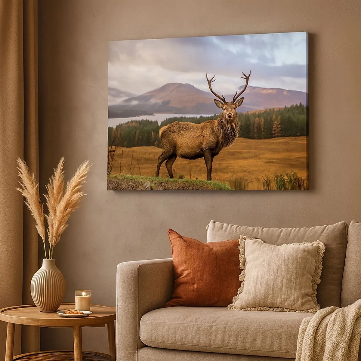 Tablou pe pânză Canvas - Un cerb pe fundalul unui peisaj montan cu lacuri și păduri - 70x50cm - Măreția naturii - Decorațiune modernă pentru perete pentru living și dormitor ARTTOR