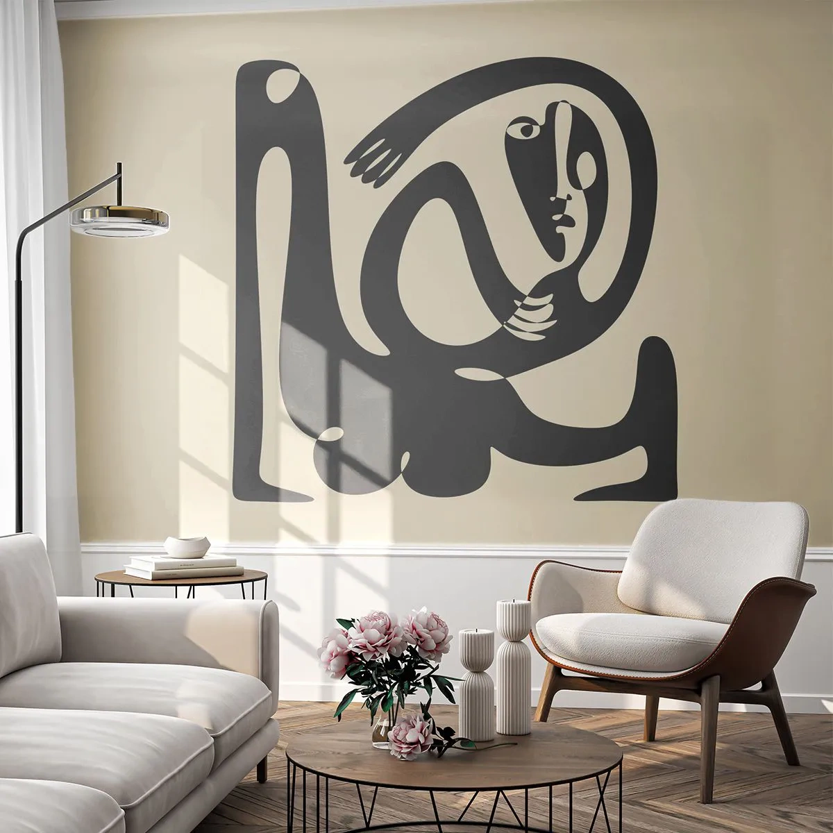 Tapet Standard Eco - Siluetă abstractă a unei figuri pe un fundal bej - 100x70cm - Aproape Picasso - Decorațiune modernă pentru perete pentru living și dormitor ARTTOR