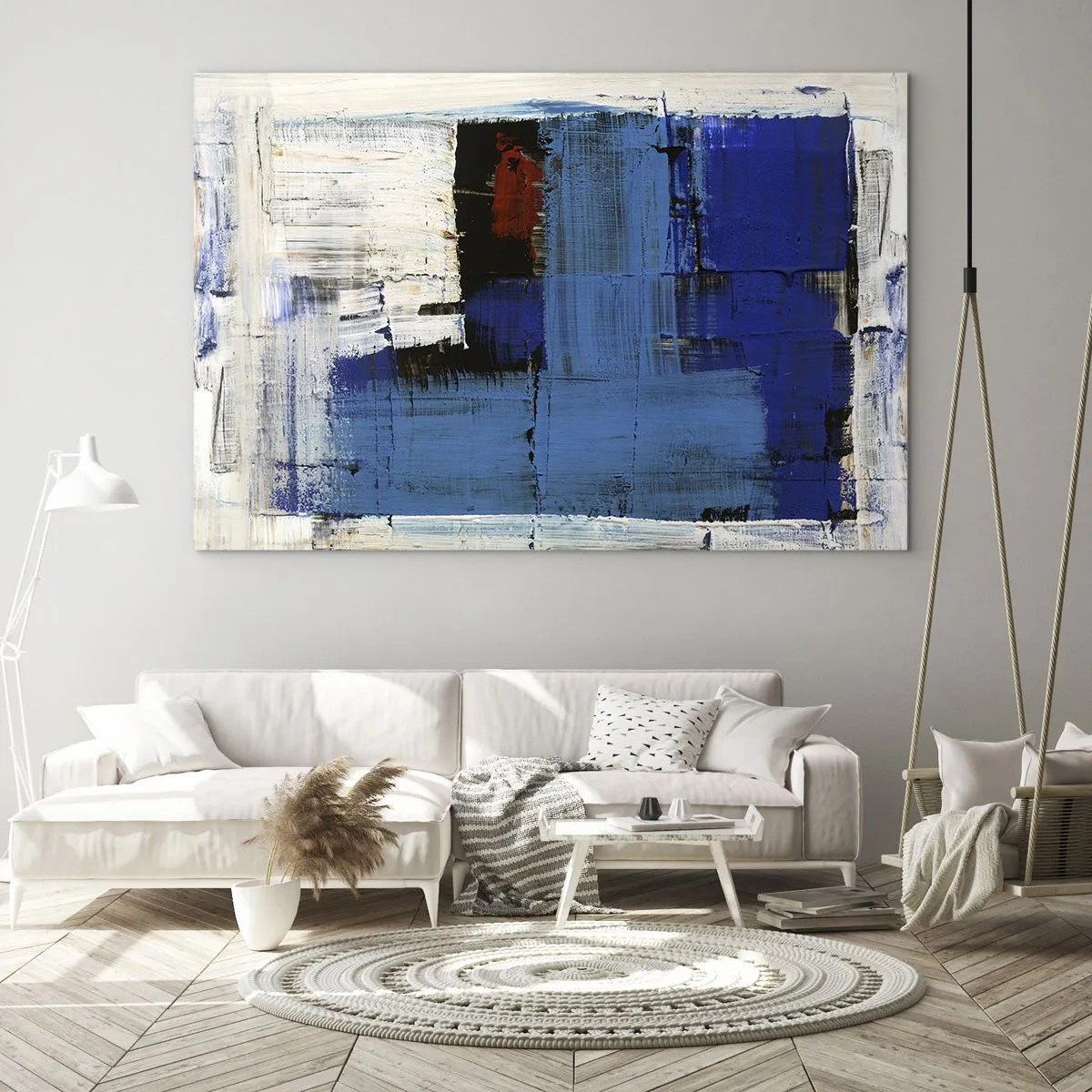 Tablou pe sticlă - O compoziție abstractă cu o culoare albastră dominantă. - 70x50cm - Secretul albastru - Decorațiune modernă pentru perete pentru living și dormitor ARTTOR