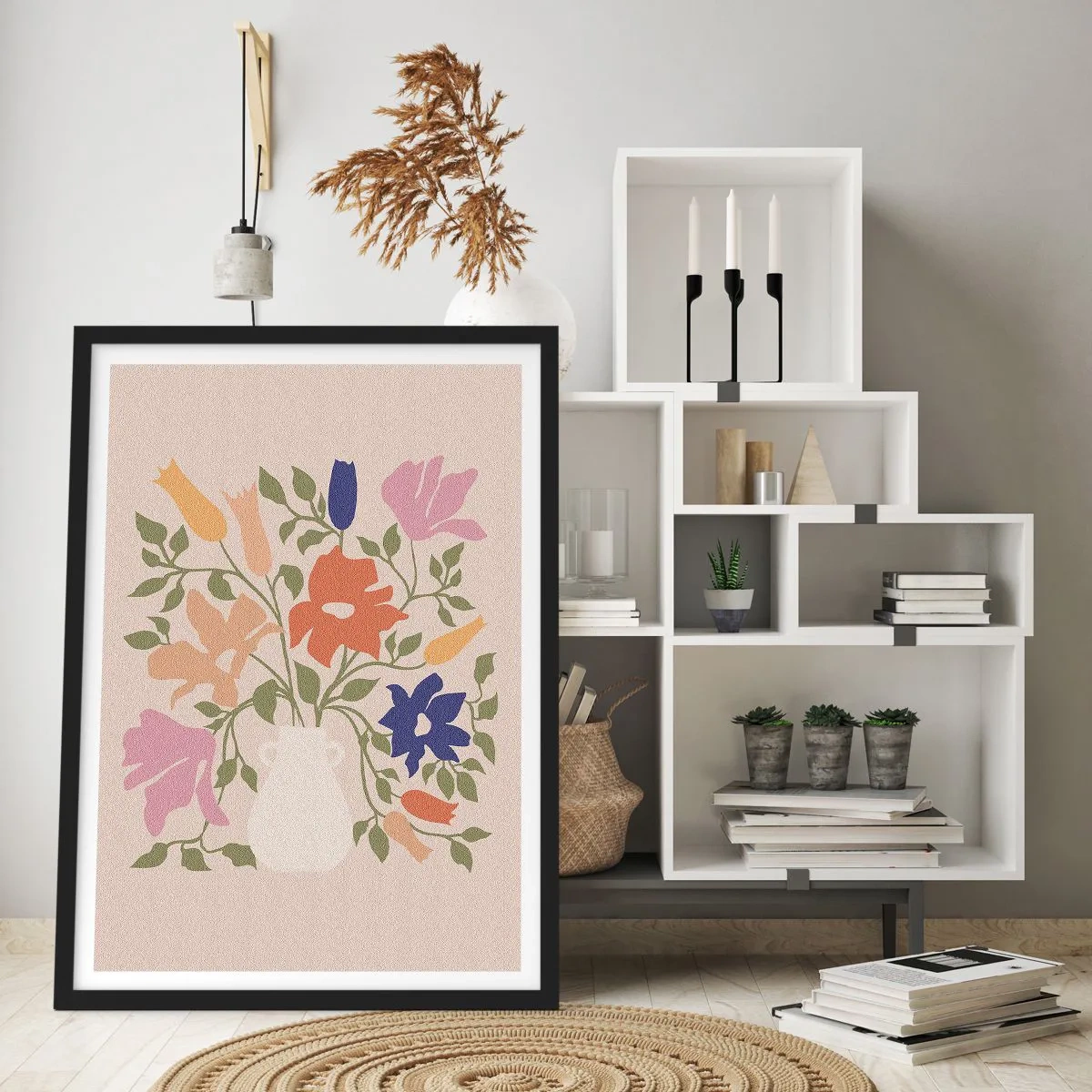 Poster în ramă neagră - Un buchet colorat de flori într-o vază deschisă la culoare pe un fundal bej - 50x70cm - Buchet delicat - Decorațiune modernă pentru perete pentru living și dormitor ARTTOR
