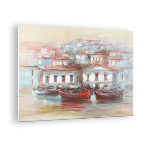 Tablou pe sticlă - Un oraș pitoresc cu bărci în port la apus - 70x50cm - Orășel fericit - Decorațiune modernă pentru perete pentru living și dormitor ARTTOR