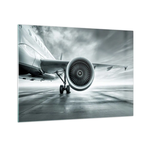 Tablou pe sticlă - Turbina unui avion de pasageri pe pistă în zori - 70x50cm - Ce putere! - Decorațiune modernă pentru perete pentru living și dormitor ARTTOR