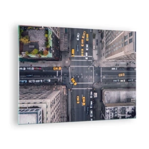 Tablou pe sticlă - Vedere aeriană a unei intersecții aglomerate din oraș - 70x50cm - O alegere simplă - Decorațiune modernă pentru perete pentru living și dormitor ARTTOR