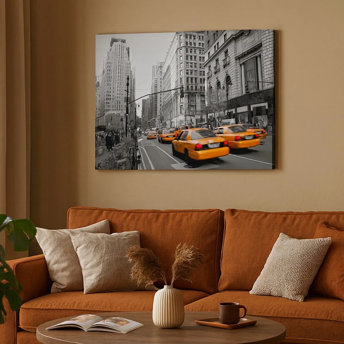 Tablou pe pânză Canvas - Taxiuri galbene pe străzile din New York - 70x50cm - Soarele marelui oraș - Decorațiune modernă pentru perete pentru living și dormitor ARTTOR