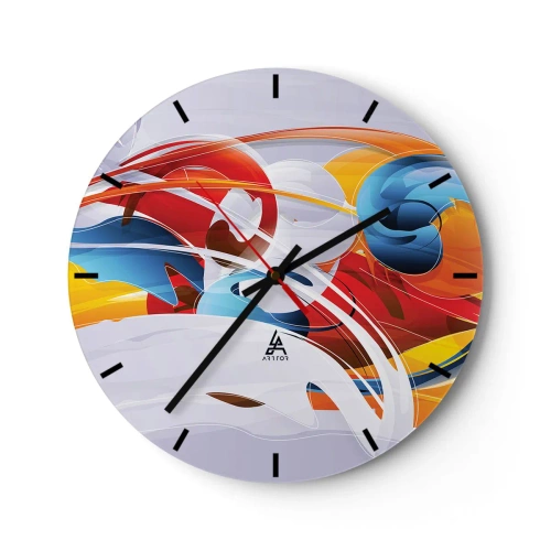 Ceas de perete - Ceas pe sticlă - Forme abstracte în culori dinamice de roșu, albastru și galben - 30x30cm - Dansul elementelor - Decorațiune modernă pentru perete pentru living, bucătărie și dormitor ARTTOR