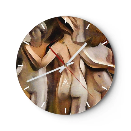 Ceas de perete - Ceas pe sticlă - O interpretare abstractă a trei figuri în culori calde. - 30x30cm - Trei Grații 2.0 - Decorațiune modernă pentru perete pentru living, bucătărie și dormitor ARTTOR