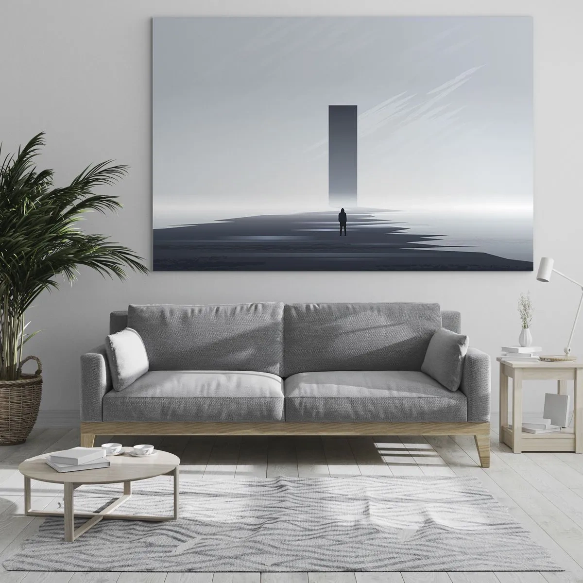 Tablou pe sticlă - Un peisaj minimalist cu o figură și un monolit în depărtare. - 70x50cm - Oportunitate sau amenințare? - Decorațiune modernă pentru perete pentru living și dormitor ARTTOR