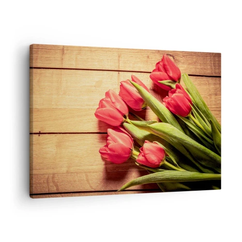 Tablou pe pânză Canvas - Un buchet de lalele roz pe un fundal de lemn - 70x50cm - Mărturisire de primăvară - Decorațiune modernă pentru perete pentru living și dormitor ARTTOR