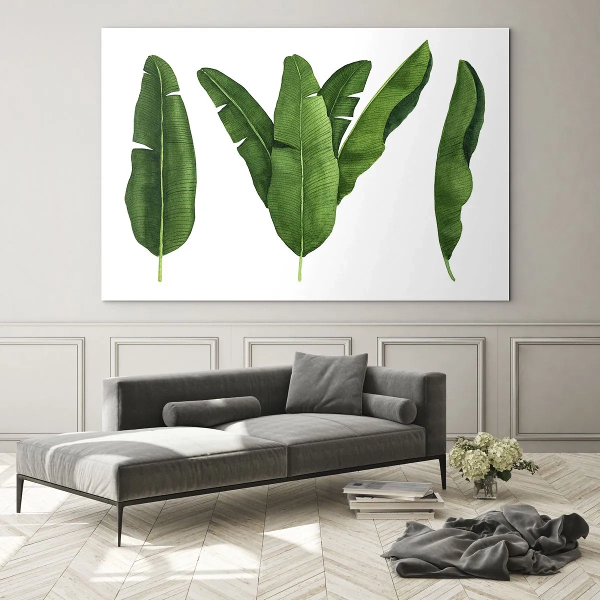 Tablou pe sticlă - Patru frunze verzi de bananier pe fundal alb - 70x50cm - Simetrie verde - Decorațiune modernă pentru perete pentru living și dormitor ARTTOR