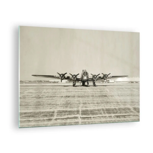 Tablou pe sticlă - Avion istoric la aeroport în stil sepia - 70x50cm - Pregătit, ca întotdeauna - Decorațiune modernă pentru perete pentru living și dormitor ARTTOR