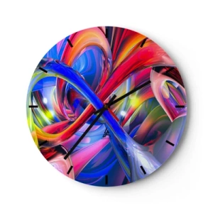 Ceas de perete - Ceas pe sticlă - O compoziție abstractă în culori vii și intense. - 30x30cm - Dansul culorilor - Decorațiune modernă pentru perete pentru living, bucătărie și dormitor ARTTOR