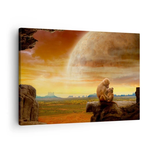 Tablou pe pânză Canvas - Maimuțe așezate pe o stâncă într-un peisaj suprarealist cu o planetă gigantică - 70x50cm - Iubirea peste tot la fel - Decorațiune modernă pentru perete pentru living și dormitor ARTTOR