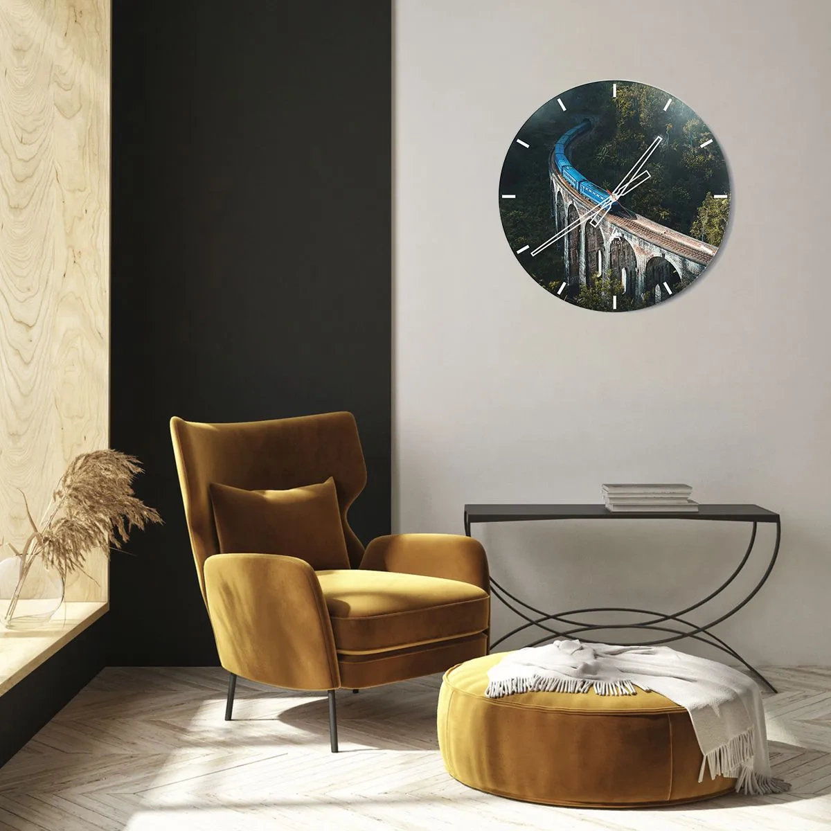 Ceas de perete - Ceas pe sticlă - Un tren pe un viaduct în mijlocul vegetației tropicale - 30x30cm - Cu trenul spre natură - Decorațiune modernă pentru perete pentru living, bucătărie și dormitor ARTTOR