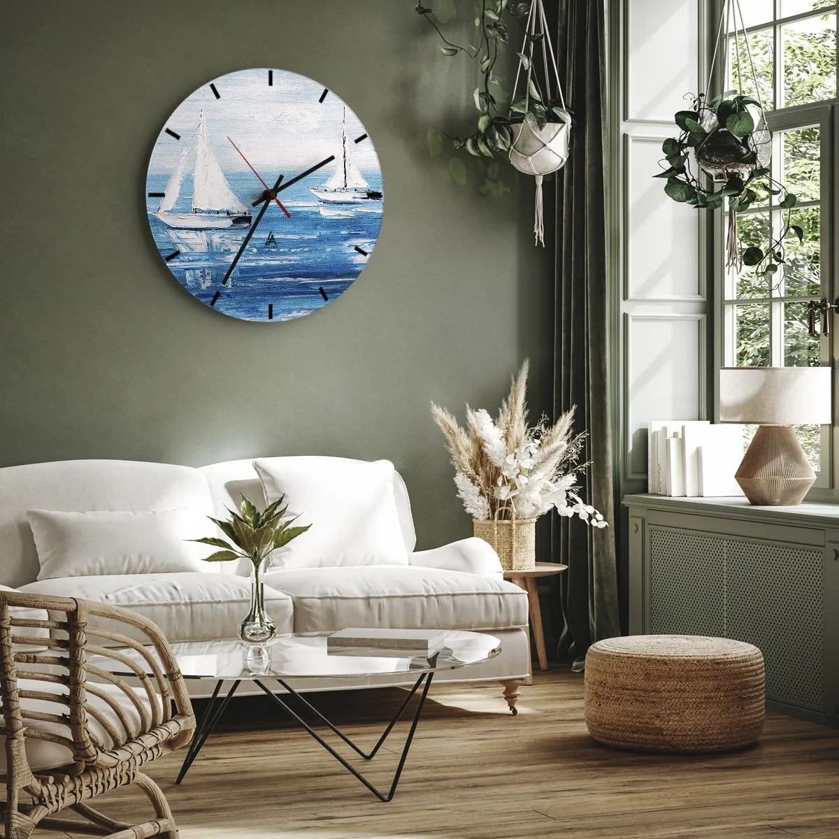 Ceas de perete - Ceas pe sticlă - Bărci cu pânze albe pe o mare albastră, într-un stil pictural - 30x30cm - Cu un prieten alături de tine - Decorațiune modernă pentru perete pentru living, bucătărie și dormitor ARTTOR