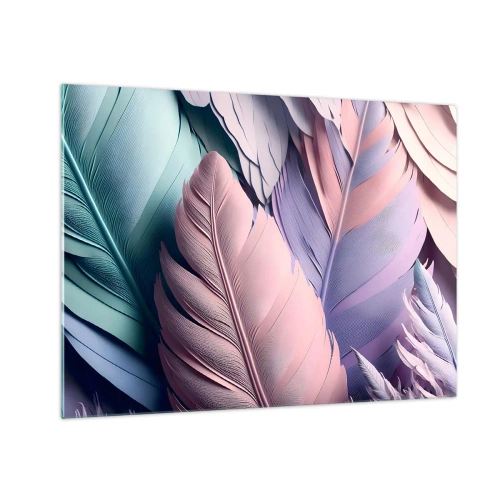 Tablou pe sticlă - Pene pastelate în nuanțe de roz, violet și turcoaz - 70x50cm - Eleganța păsărilor - Decorațiune modernă pentru perete pentru living și dormitor ARTTOR
