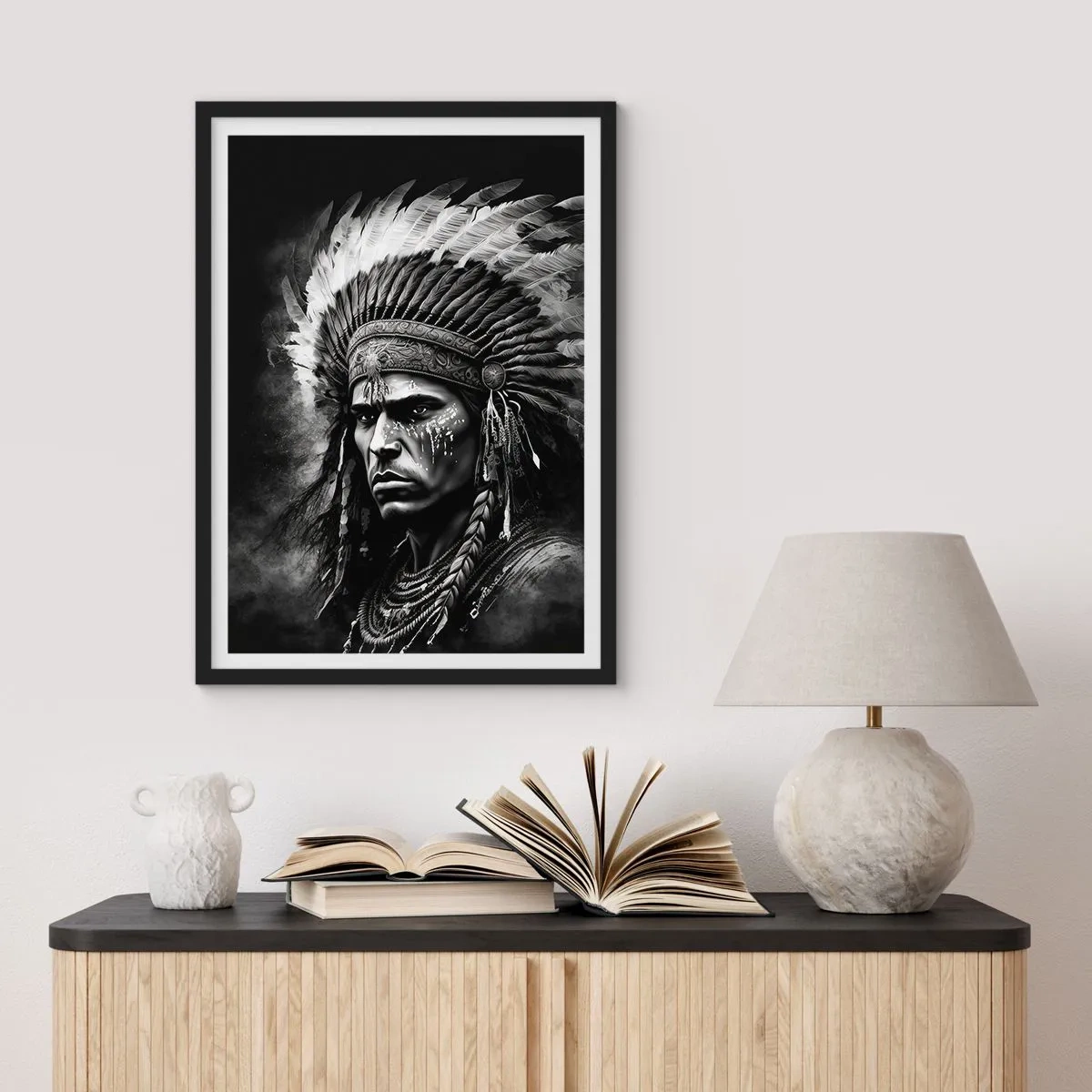 Poster în ramă neagră - Portretul unui războinic într-o coafură tradițională din pene - 50x70cm - Conducător și luptător - Decorațiune modernă pentru perete pentru living și dormitor ARTTOR