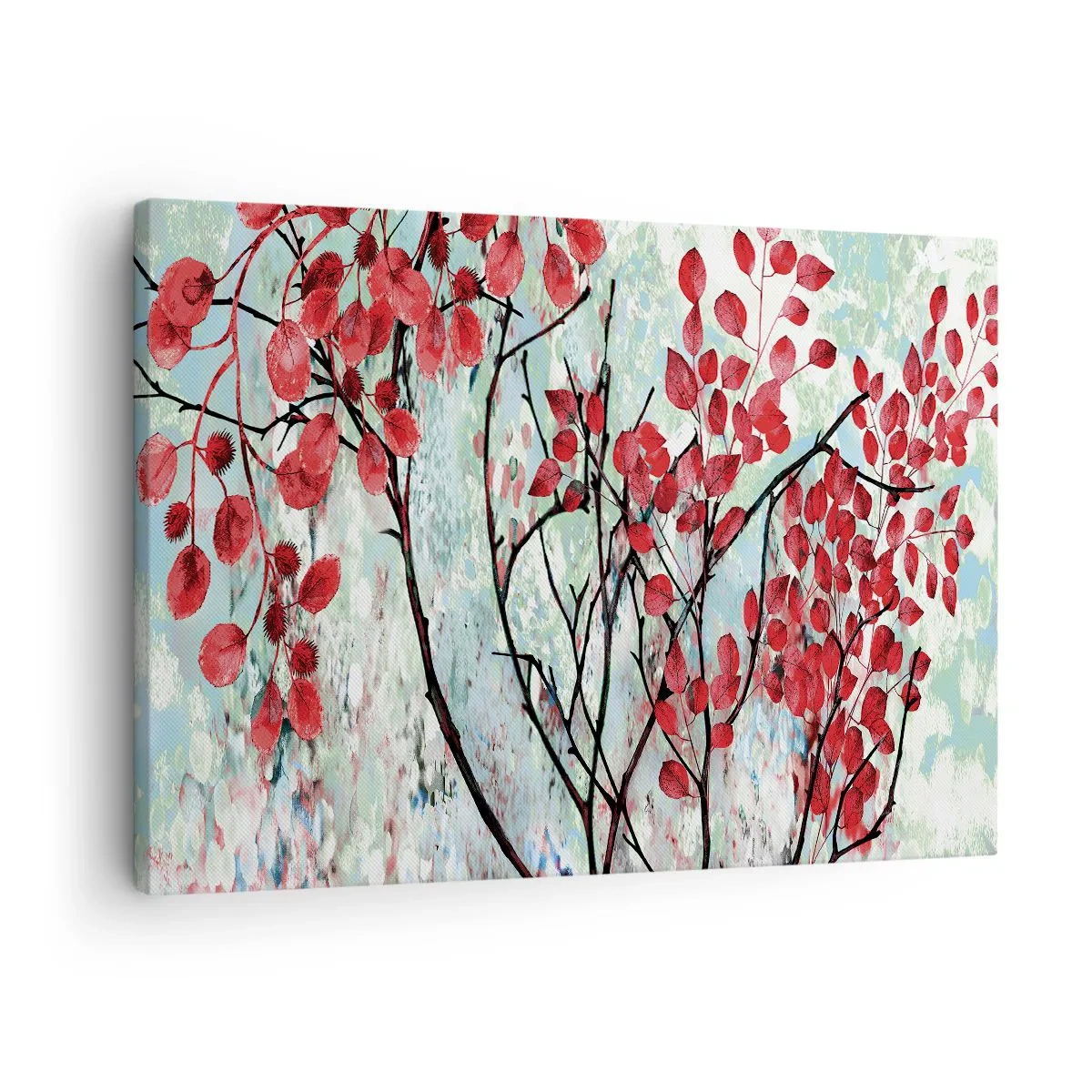 Tablou pe pânză Canvas - Frunze roșii pe un cer strălucitor cu modele abstracte - 70x50cm - Arbore în stacojiu - Decorațiune modernă pentru perete pentru living și dormitor ARTTOR