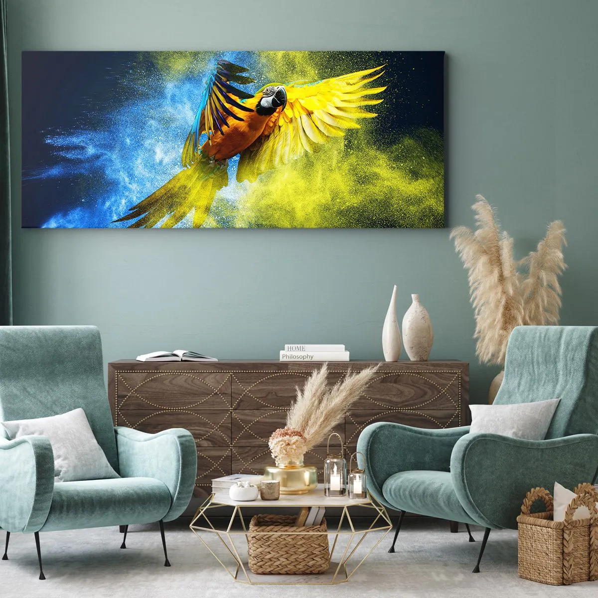 Tablou pe pânză - În praful albastru-auriu - 90x30 cm